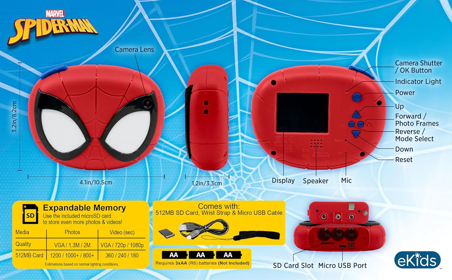 Spiderman - Cámara para niños con tarjeta SD, cámara digital