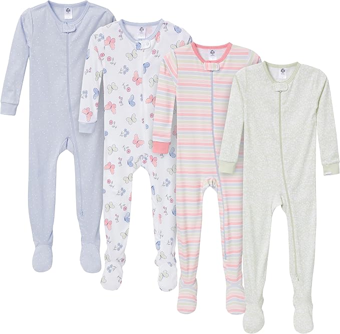 Gerber Pijama con pies para bebé niña, paquete de 4
