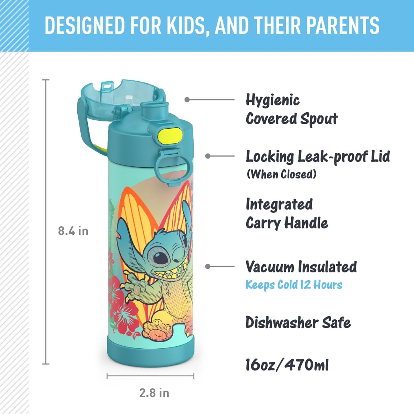 THERMOS FUNTAINER - Botella aislada al vacío de acero inoxidable de 16 onzas