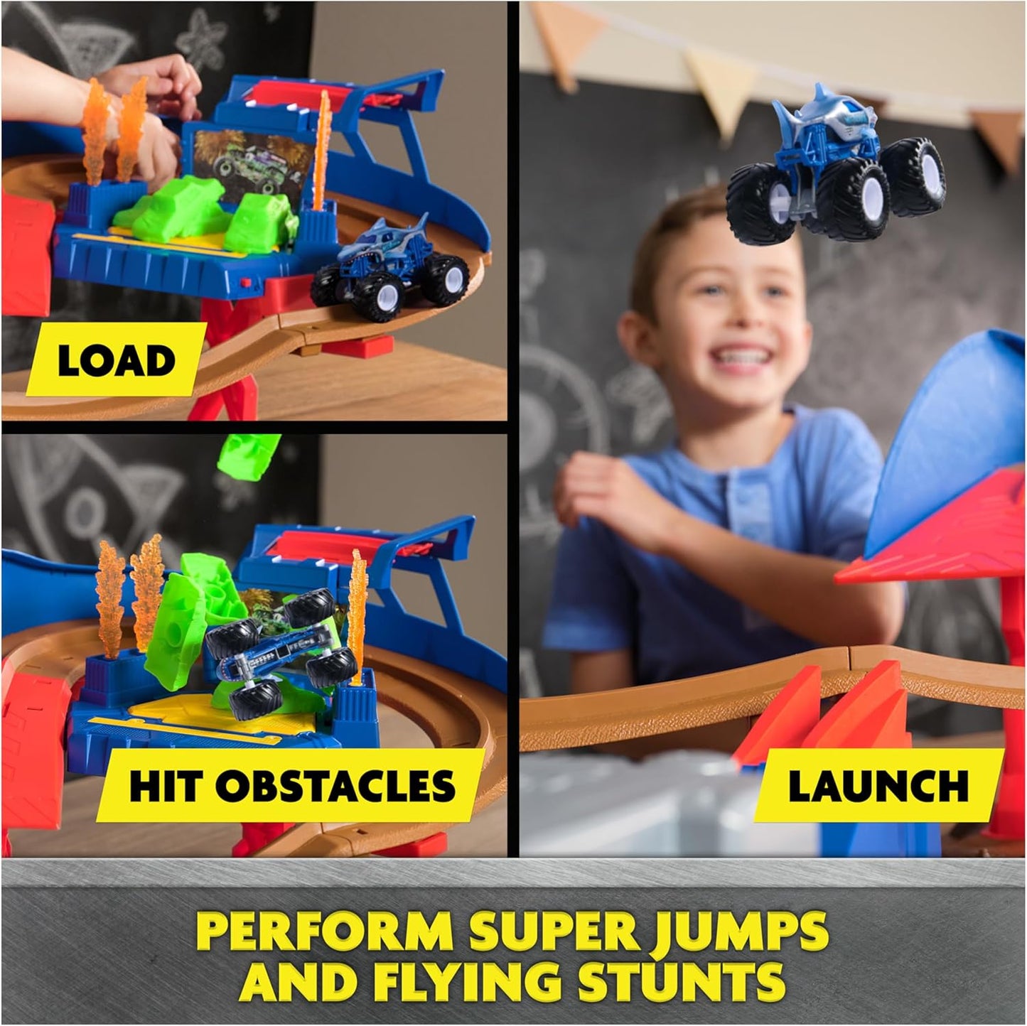 Monster Jam, Supercharge Speedway Playset, Megalodon y El Toro Loco