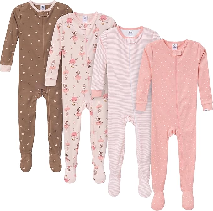 Gerber Pijama con pies para bebé niña, paquete de 4