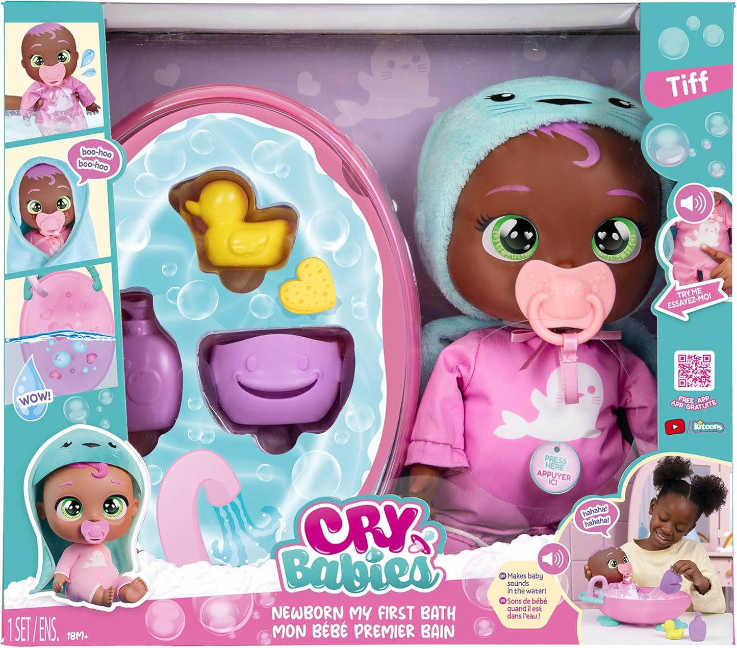 Cry Babies Newborn My First Bath Tiff - Juego de bañera interactivo para muñeca bebé con más de 20 sonidos