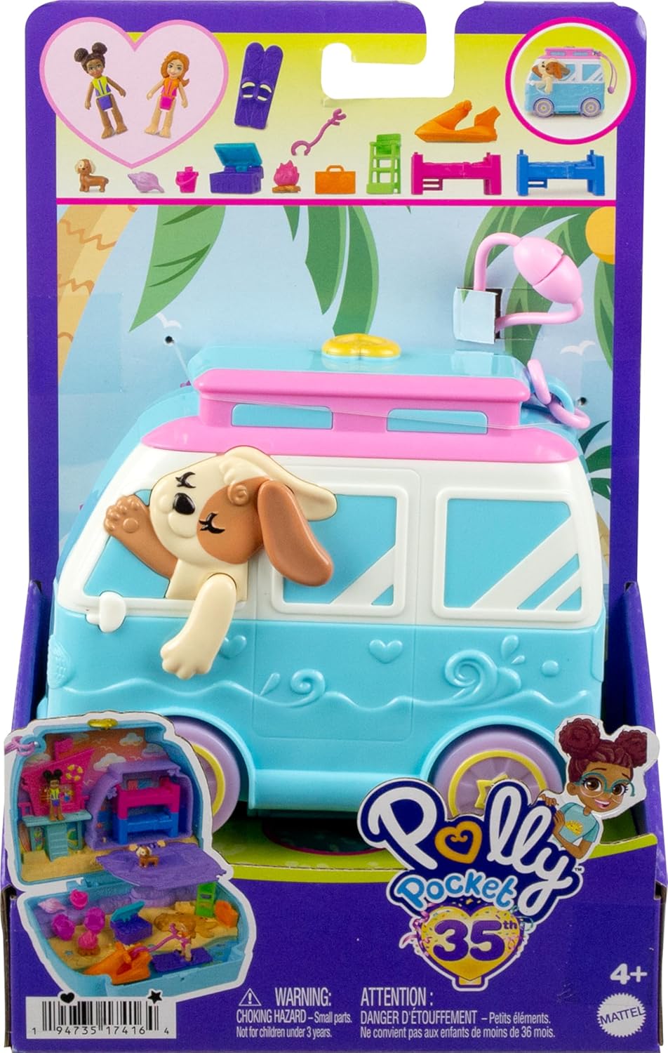Polly Pocket Muñecas y juegos de juego, paseo de cachorro junto al mar compacto con 11 accesorios