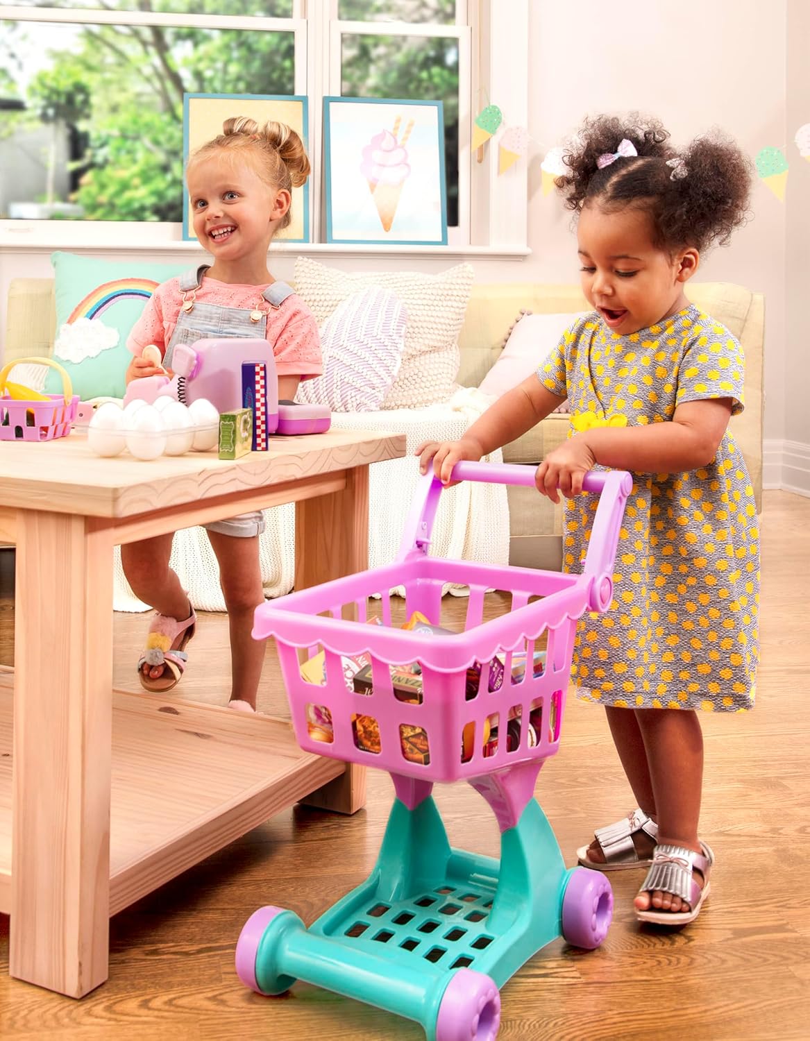 Play Circle por Battat – Carrito de compras rosa – Carrito de compras con artículos de comida de juguete– Accesorios de cocina realistas