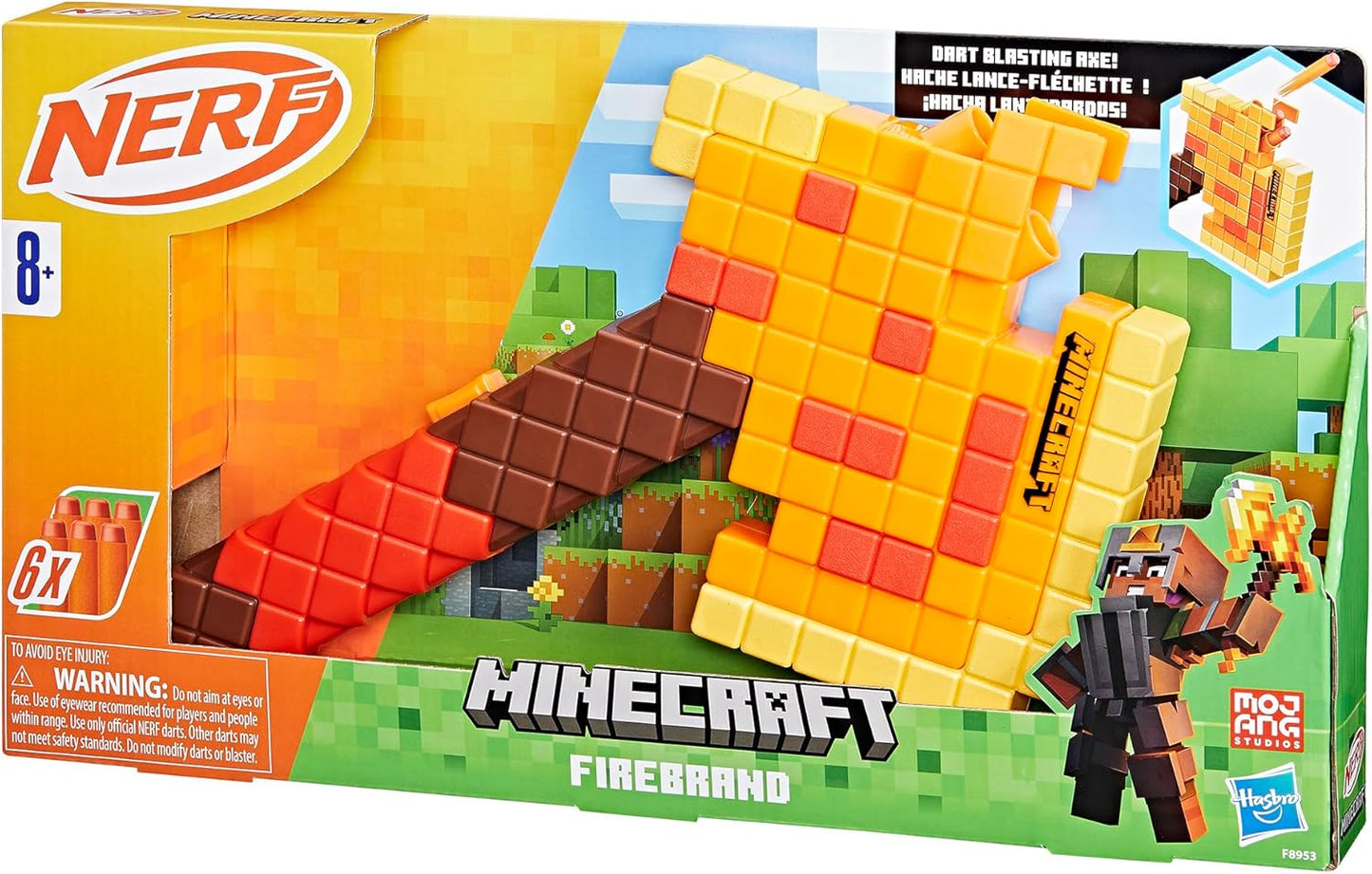 Nerf Minecraft Firebrand, Dart Blasting Axe, 6 dardos de espuma Nerf Elite