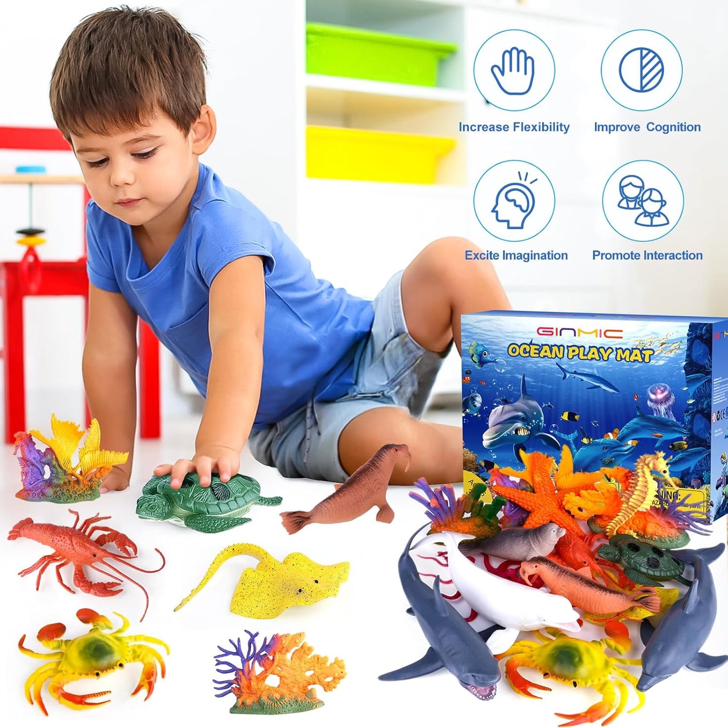 Juguetes de animales del océano para niños con alfombra