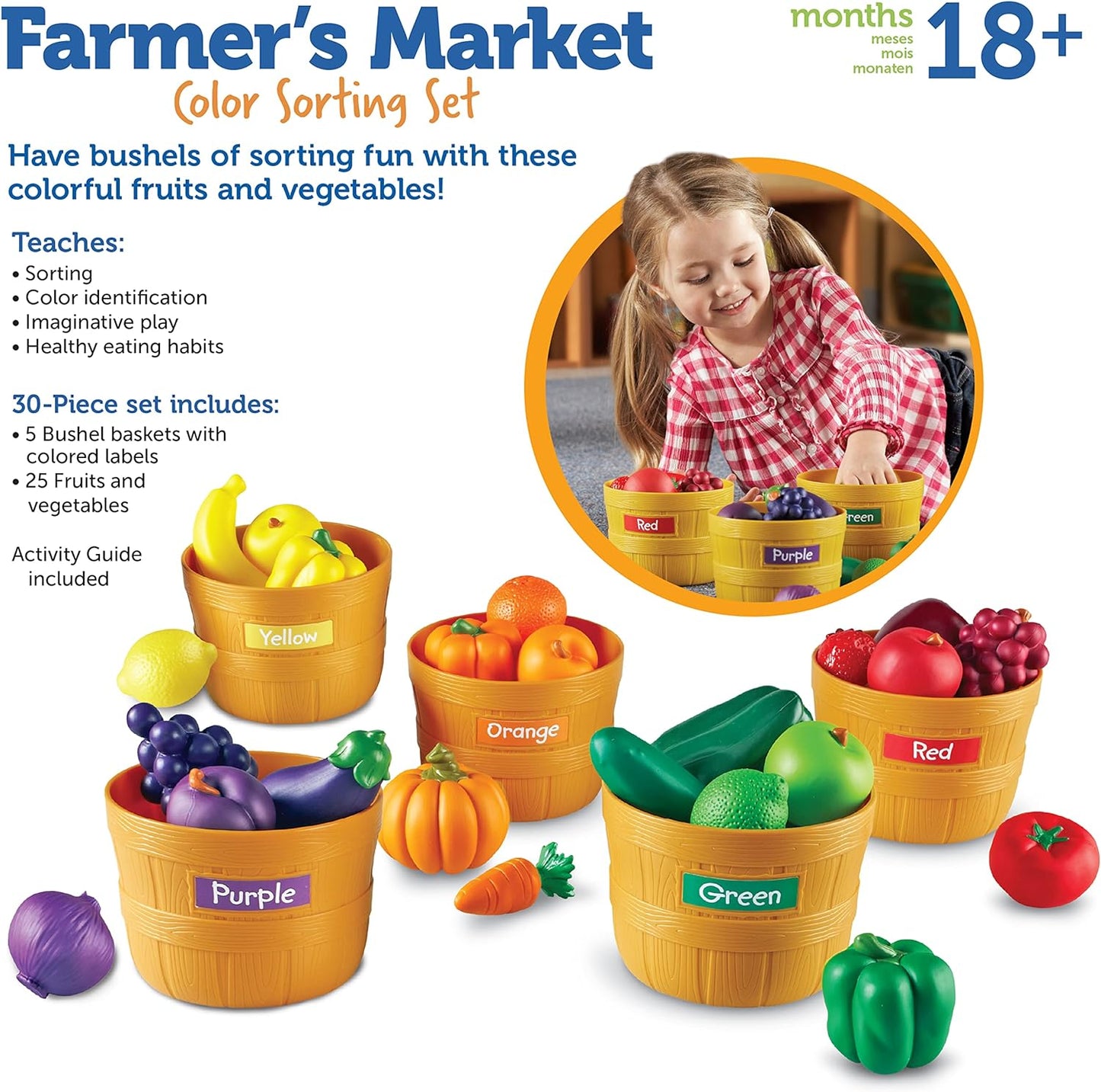 Farmer’S Market Color Sorting Set - 30 Pieces Age 18+ Months Toddler Learning Toys, Sorting Toys for Kids, Play Food,Easter Basket Stuffers