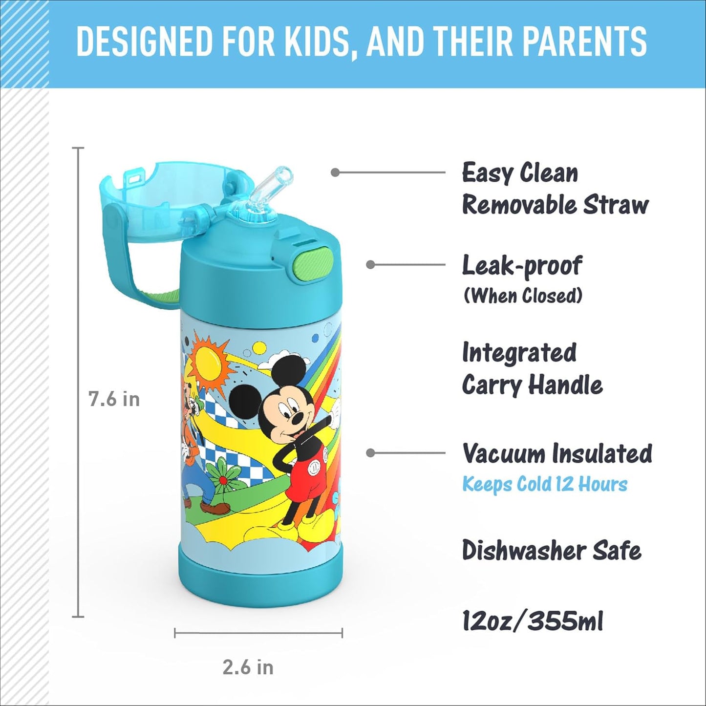 THERMOS FUNTAINER - Botella de agua con pajilla, 12 onzas