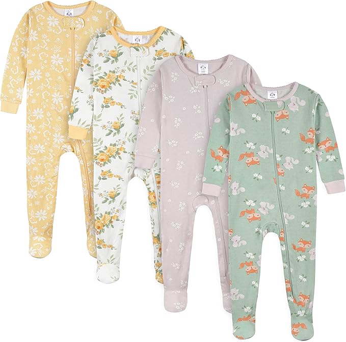 Gerber Pijama con pies para bebé niña, paquete de 4