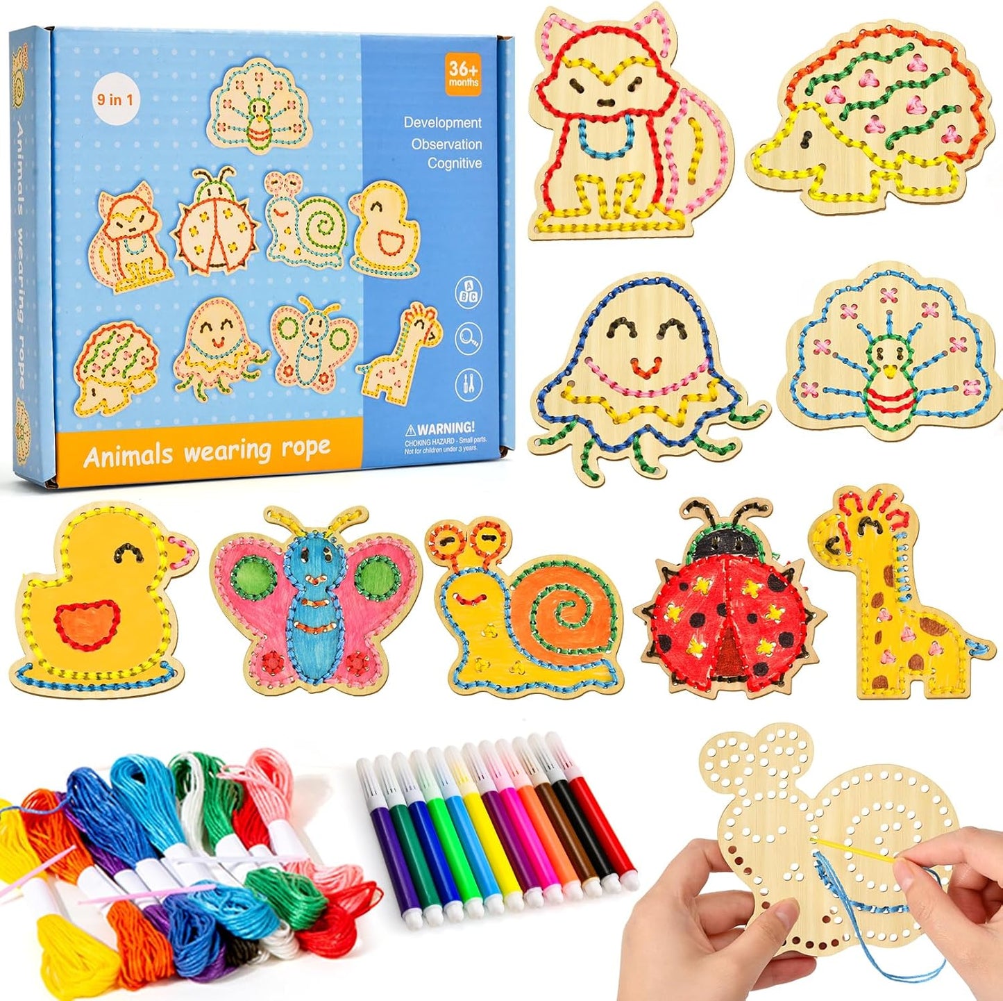 Juego de tarjetas de madera con cordones