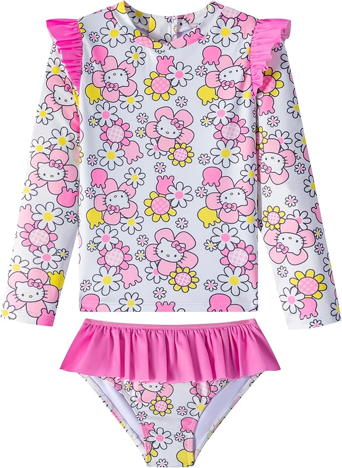 Traje de baño de dos piezas Hello Kitty Sanrio para niñas con protección solar UPF 50+,