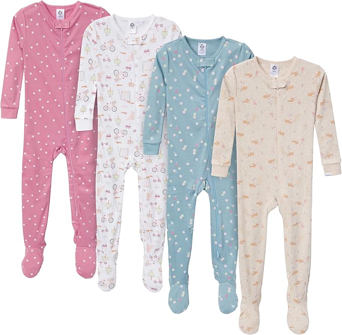 Gerber Pijama con pies para bebé niña, paquete de 4