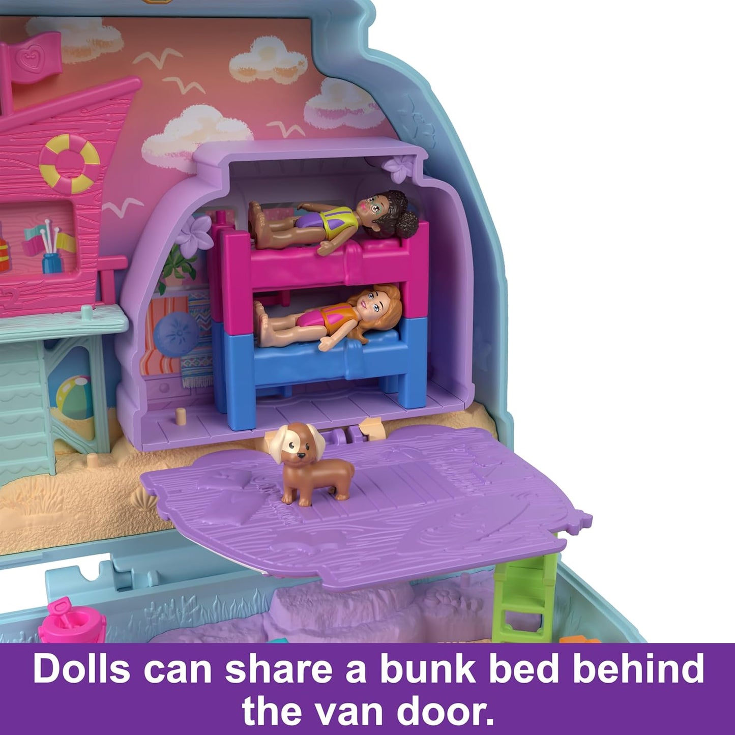 Polly Pocket Muñecas y juegos de juego, paseo de cachorro junto al mar compacto con 11 accesorios