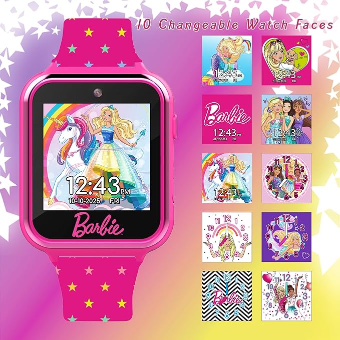 Barbie - Reloj inteligente para niños, pantalla táctil interactiva con juegos, cámara selfie, rastreador de pasos, alarma