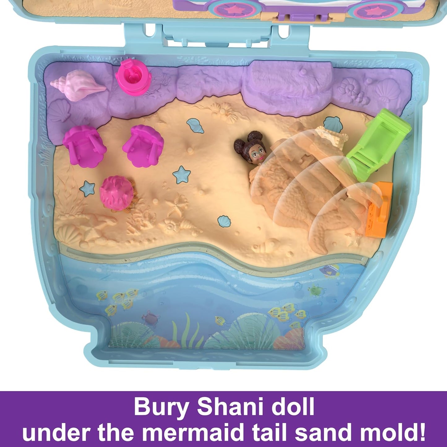 Polly Pocket Muñecas y juegos de juego, paseo de cachorro junto al mar compacto con 11 accesorios