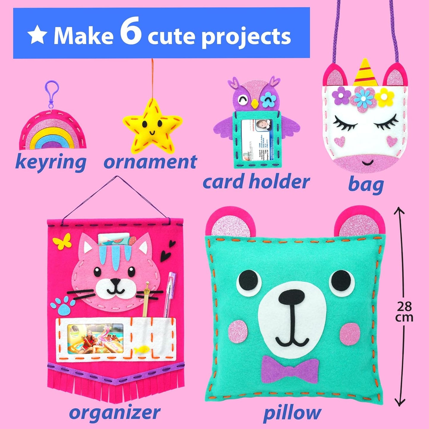 Kit de costura para principiantes, niños, artes y manualidades, 6 proyectos fáciles de bricolaje de muñecas de animales de peluche y almohada de felpa, instrucciones y fieltro
