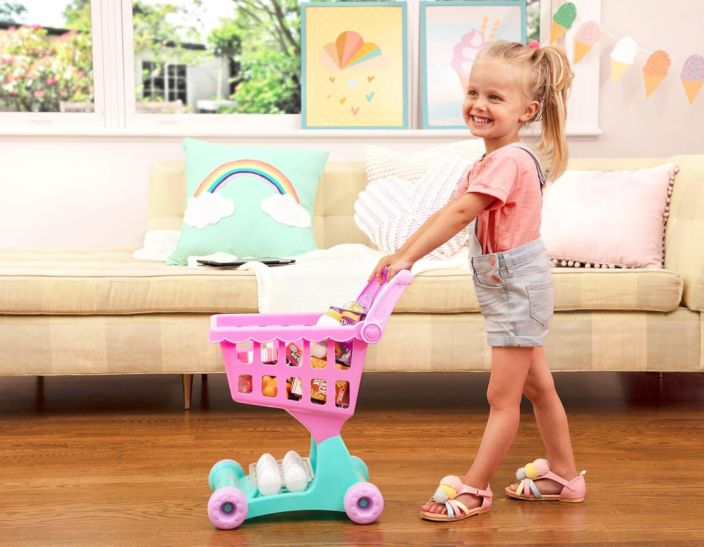 Play Circle por Battat – Carrito de compras rosa – Carrito de compras con artículos de comida de juguete– Accesorios de cocina realistas