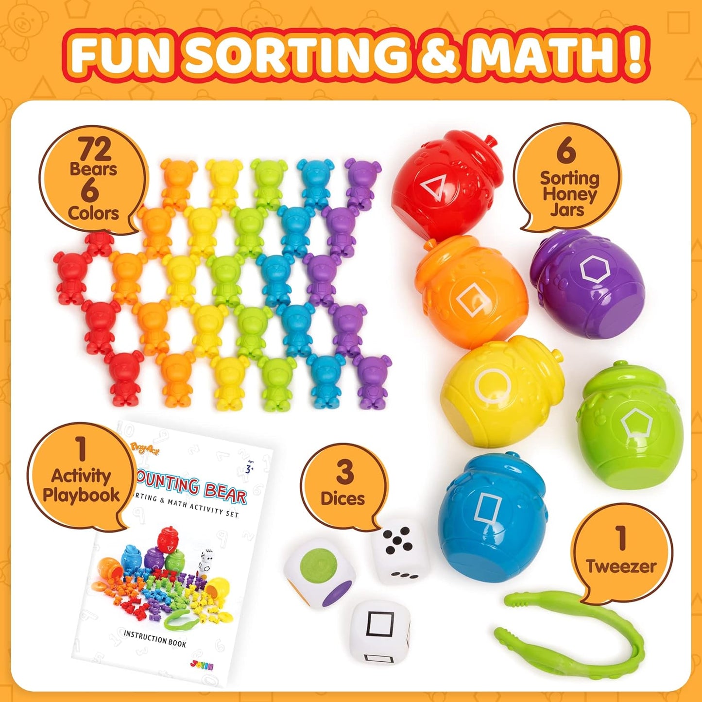 Osos de conteo arcoíris con tazas de clasificación a juego, juego de 83 juguetes de aprendizaje para niños a partir de 3 años, clasificación de números, reconocimiento de color, pinzas, dados