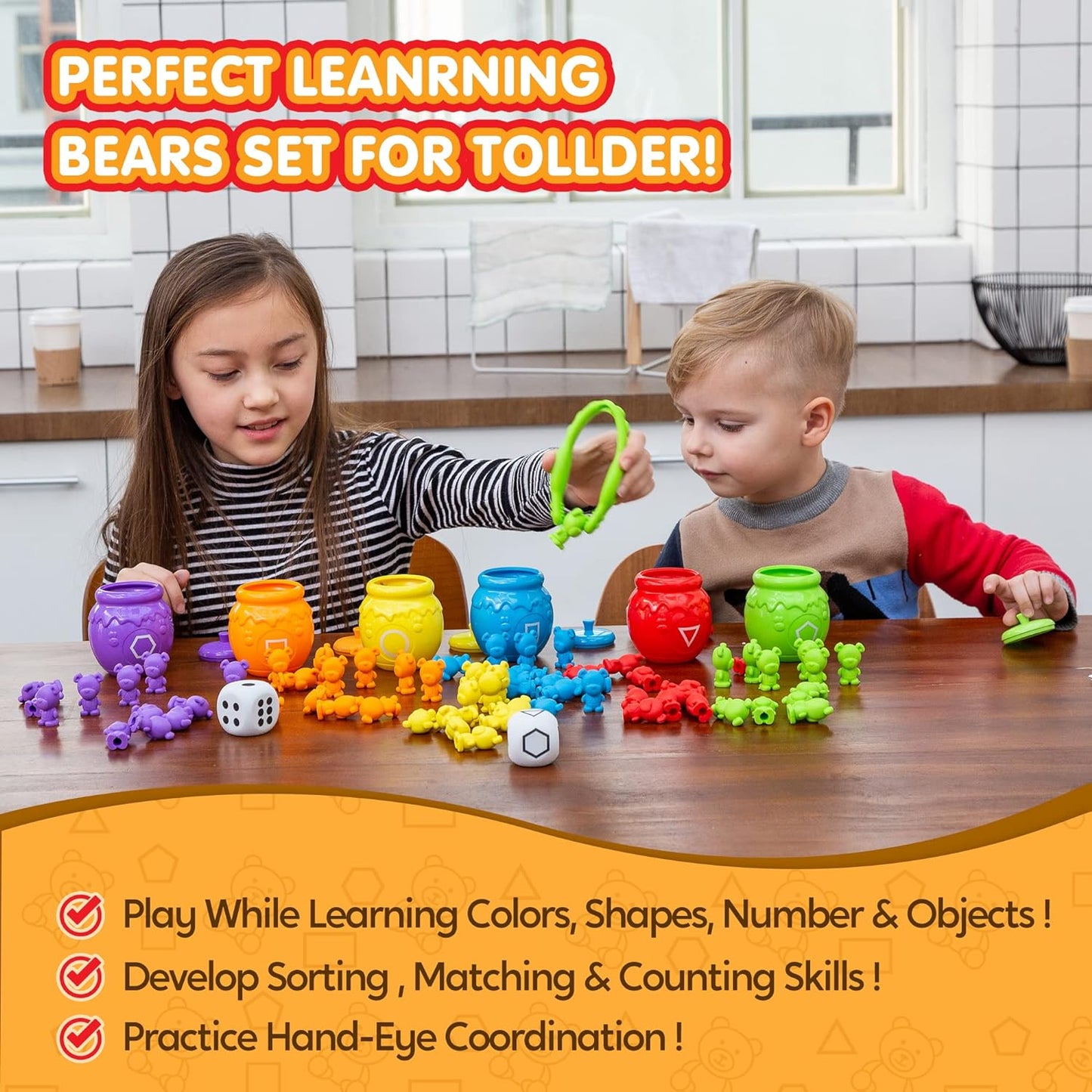 Osos de conteo arcoíris con tazas de clasificación a juego, juego de 83 juguetes de aprendizaje para niños a partir de 3 años, clasificación de números, reconocimiento de color, pinzas, dados