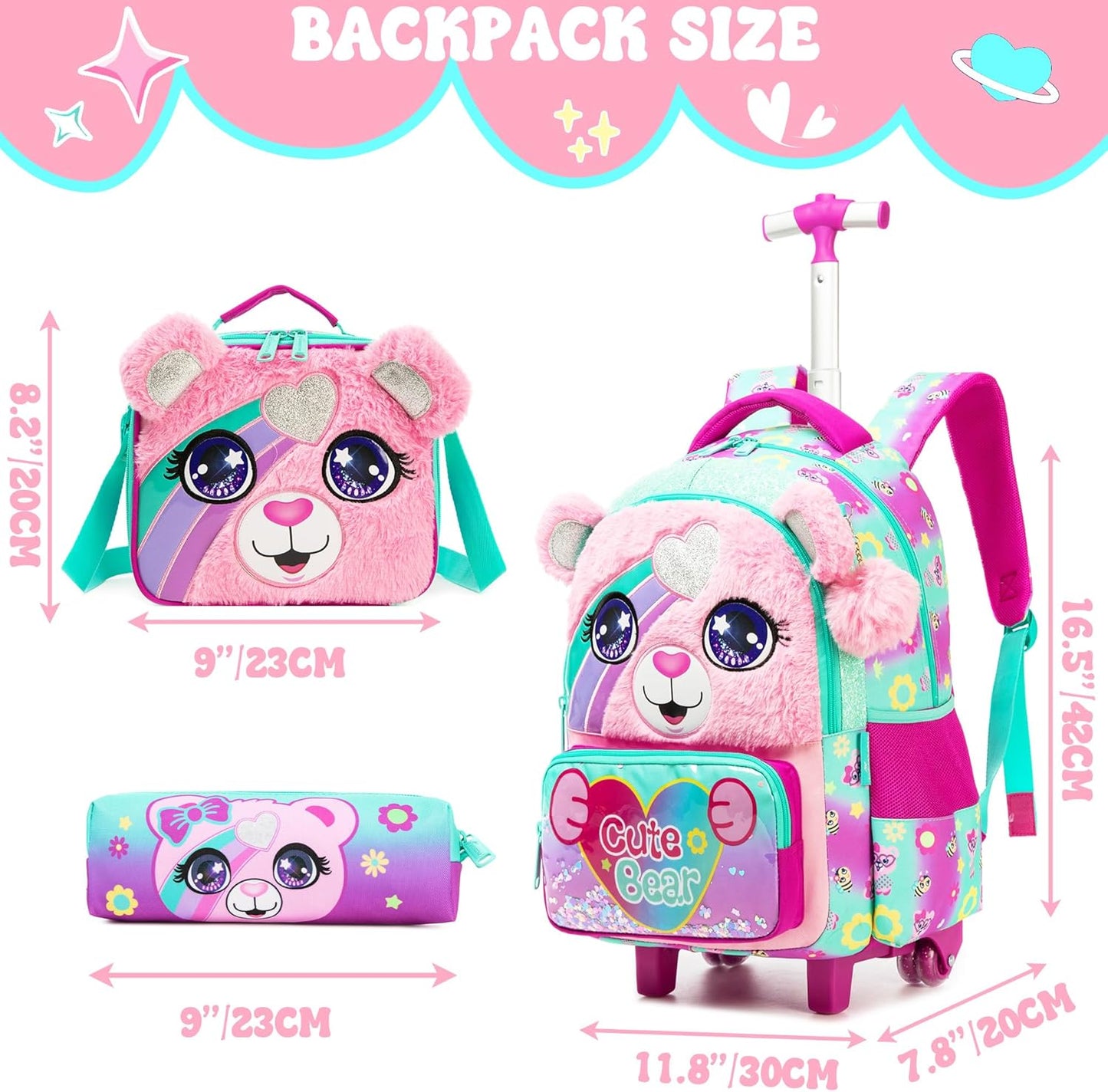 Set de Mochila con rueda 16.5 pulgadas, 3 piezas