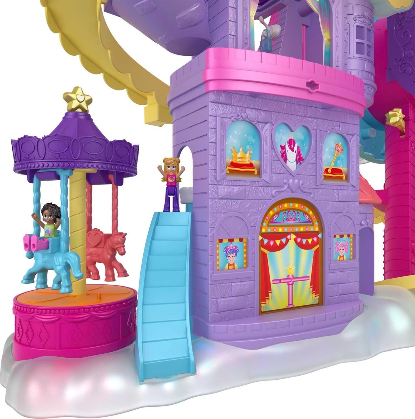 Polly Pocket Rainbow Funland Parque temático de 3 paseos, 7 áreas de juego, muñecas Polly y Shani