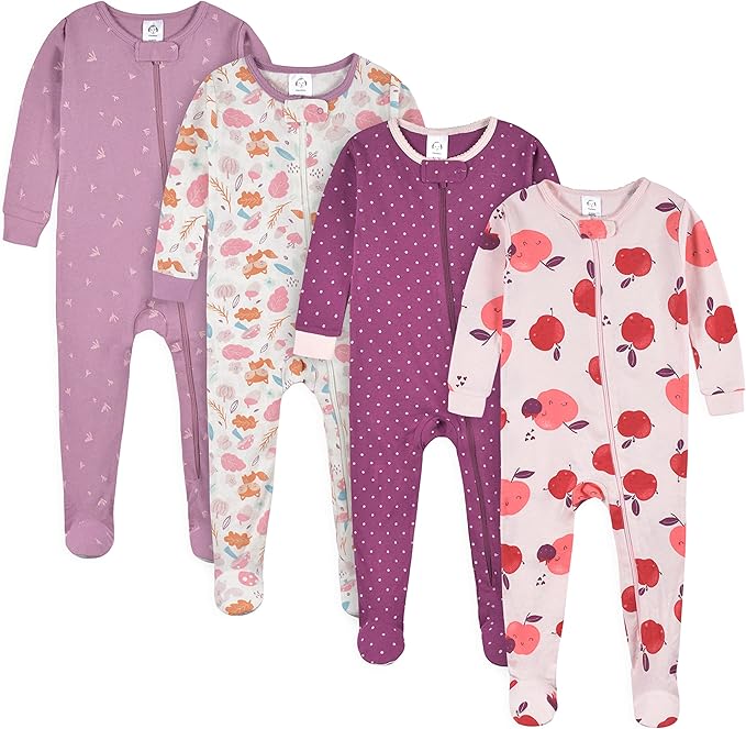 Gerber Pijama con pies para bebé niña, paquete de 4