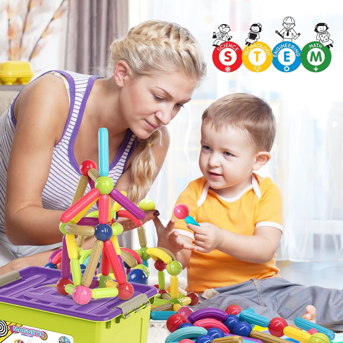 Juego de 88 bolas y varillas magnéticas, juguetes de construcción magnéticos coloridos DIY STEM bloques de construcción