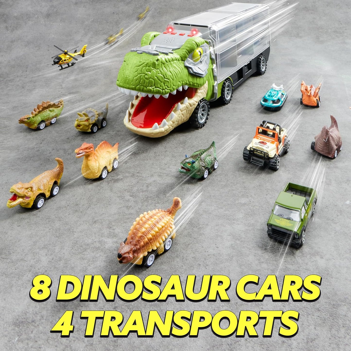 camión de dinosaurios con 12 autos de tracción hacia atrás
