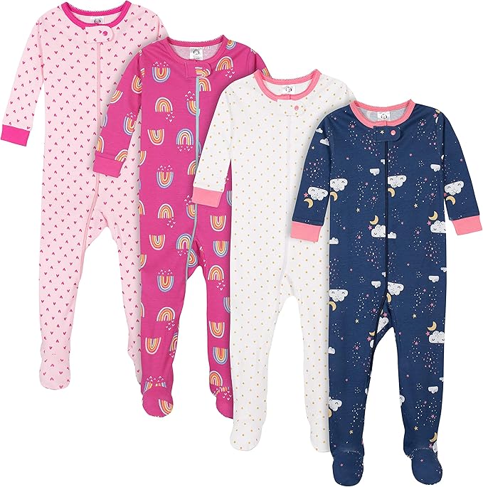 Gerber Pijama con pies para bebé niña, paquete de 4