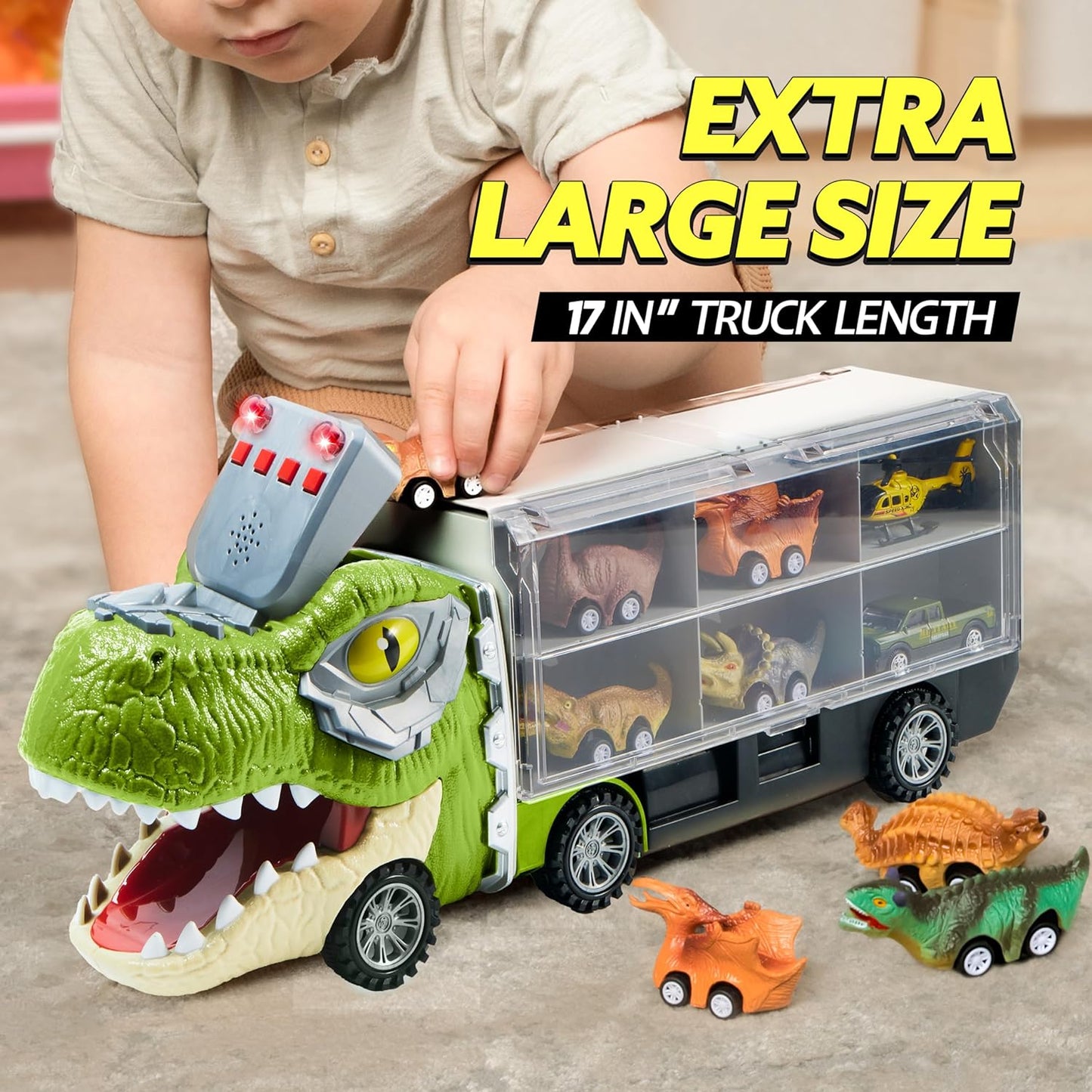 camión de dinosaurios con 12 autos de tracción hacia atrás