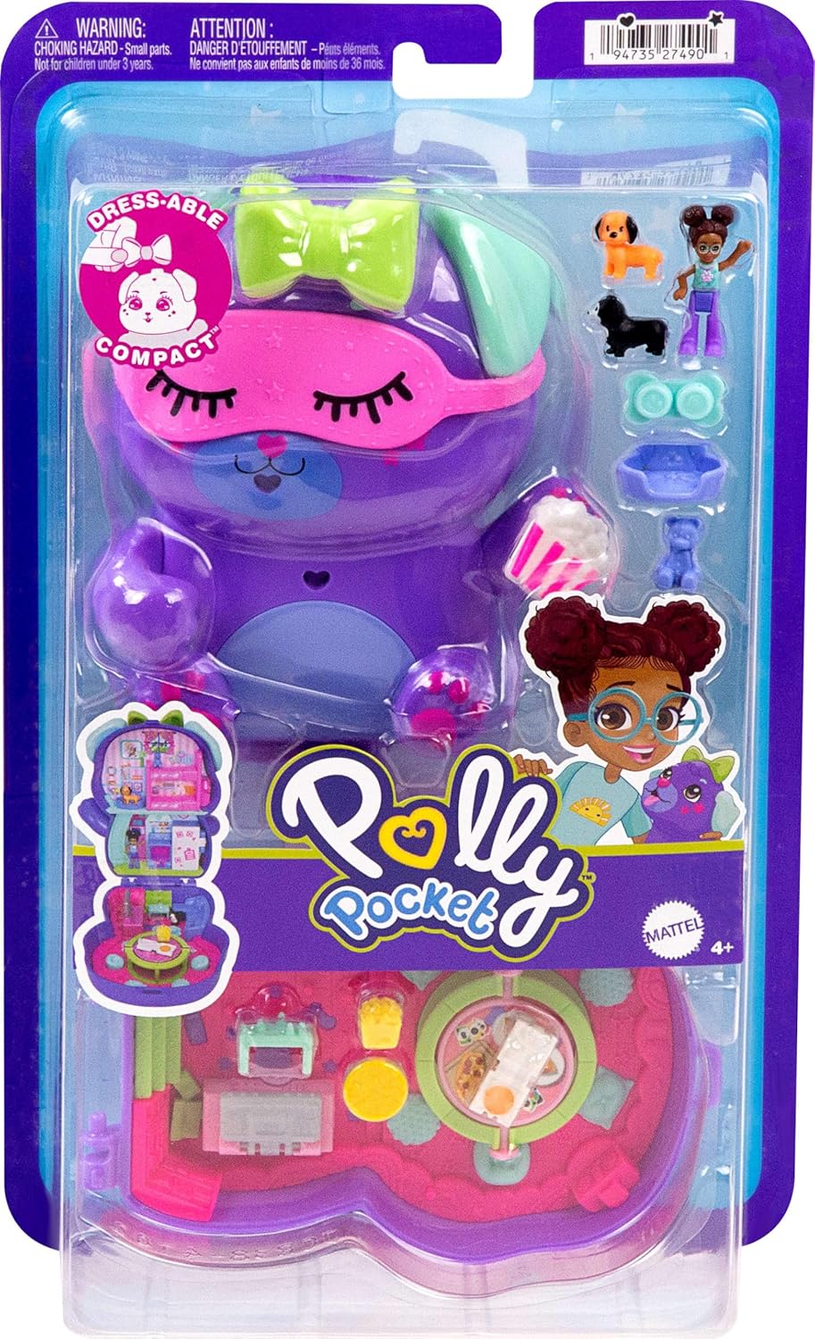 Polly Pocket Muñecas y juego de pijamadas, compacto para cachorros, juguete de viaje con 1 micro muñeca, perros de mascotas