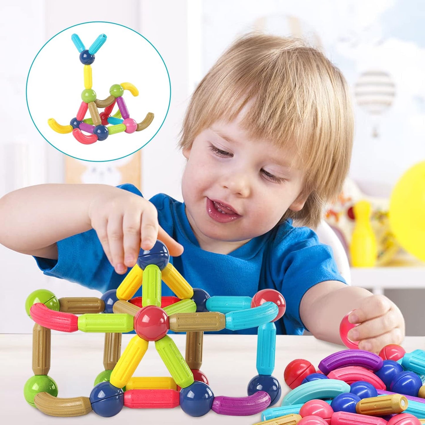 Juego de 88 bolas y varillas magnéticas, juguetes de construcción magnéticos coloridos DIY STEM bloques de construcción