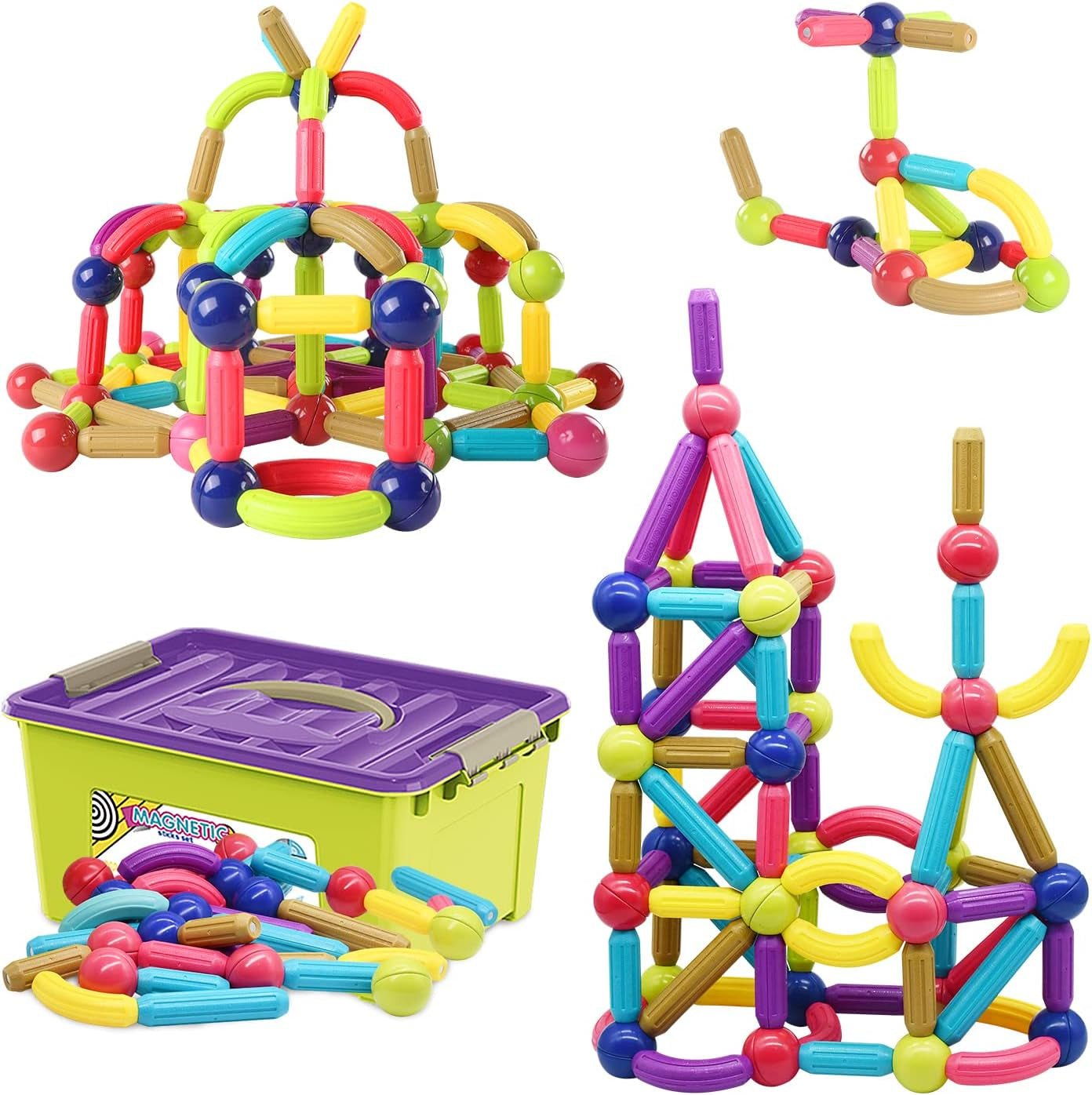 Juego de 88 bolas y varillas magnéticas, juguetes de construcción magnéticos coloridos DIY STEM bloques de construcción