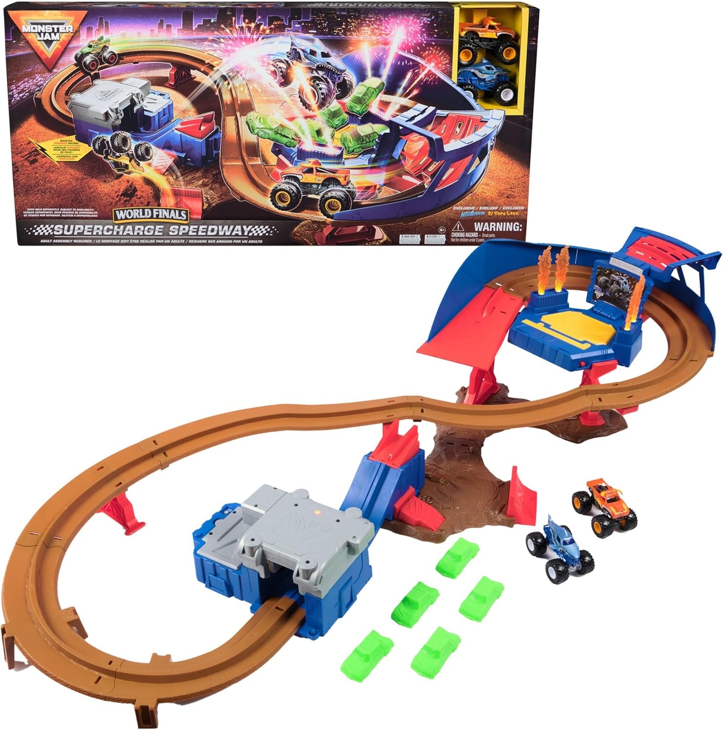 Monster Jam, Supercharge Speedway Playset, Megalodon y El Toro Loco