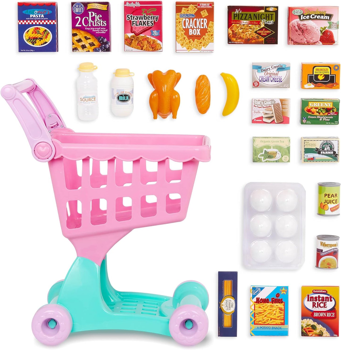 Play Circle por Battat – Carrito de compras rosa – Carrito de compras con artículos de comida de juguete– Accesorios de cocina realistas