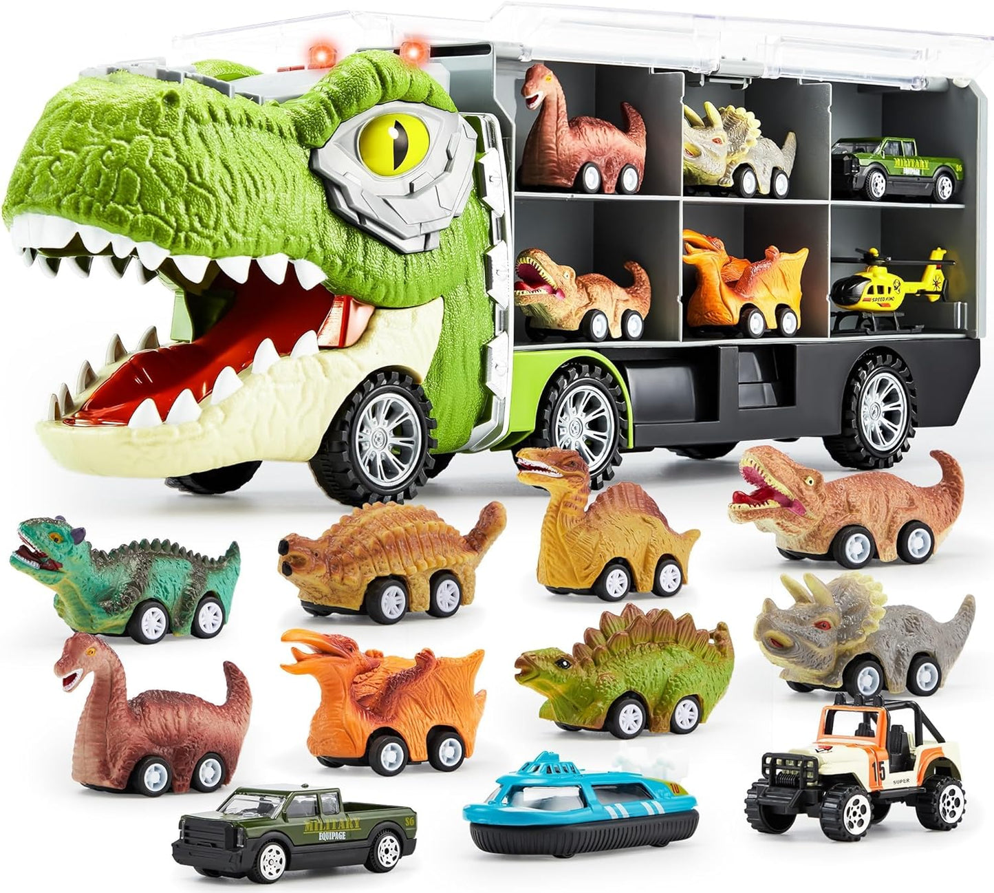 camión de dinosaurios con 12 autos de tracción hacia atrás