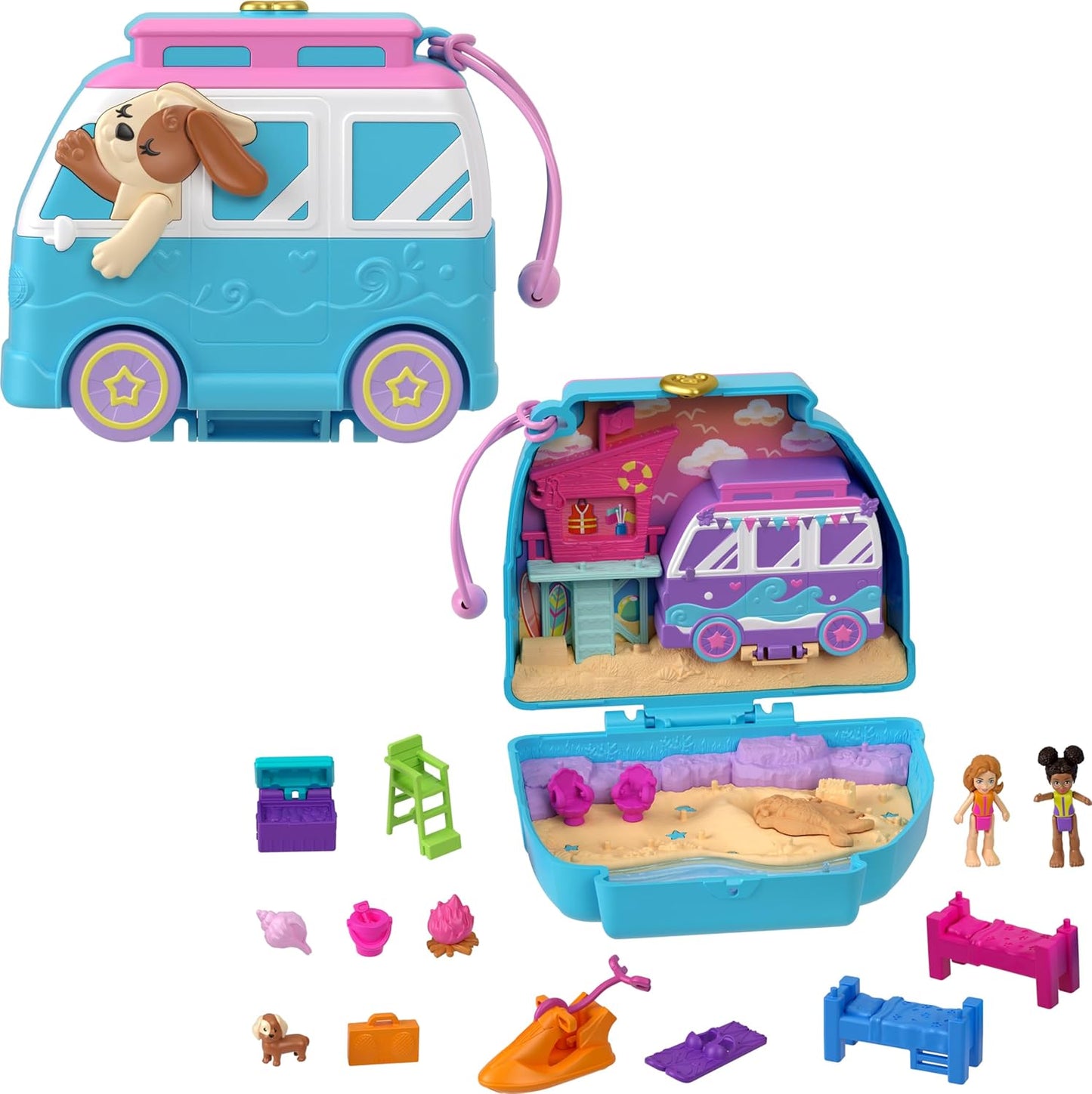 Polly Pocket Muñecas y juegos de juego, paseo de cachorro junto al mar compacto con 11 accesorios