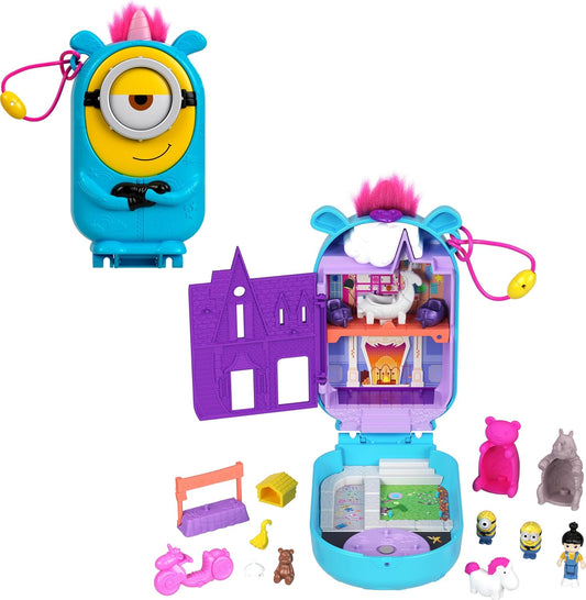 Polly Pocket Set de juego, 1 muñeca, 2 Minions and Fluffy The Unicorn Toy, Minions Compact con 9 accesorios