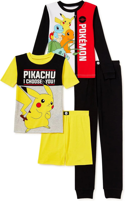 Pokemon Conjunto de pijama Pikachu para niños, pijama de 4 piezas