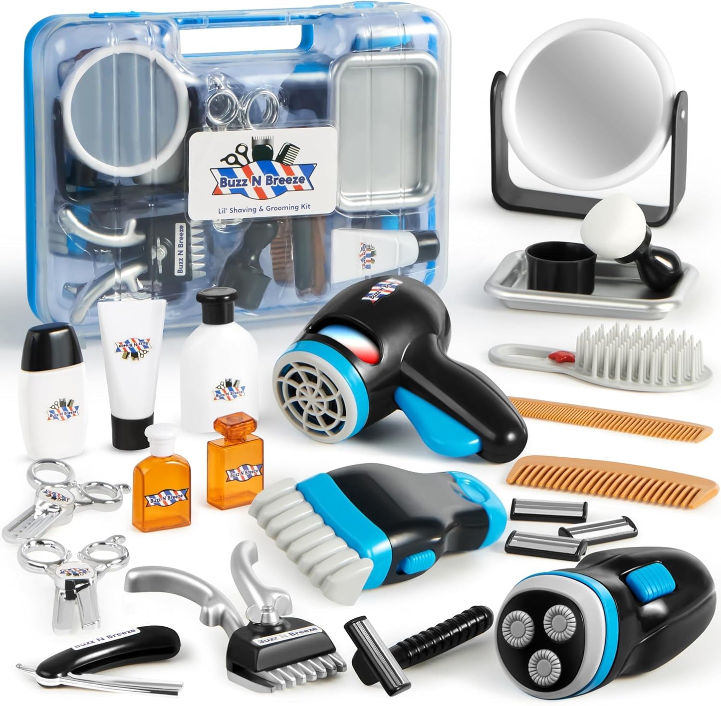 Barbería juego de simulación, 23 piezas de kit de afeitado para niños, kit de corte de pelo para niños a partir de 3 años