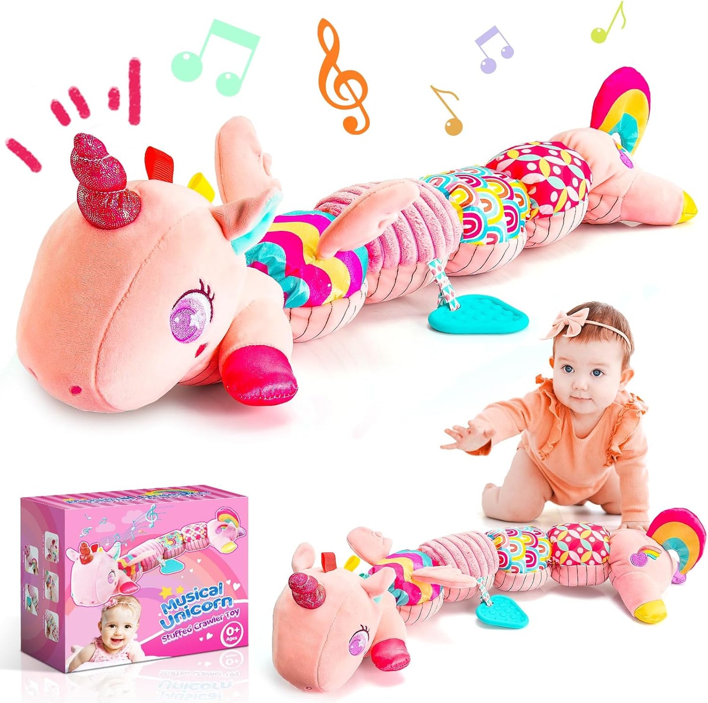 Baby Unicorn Toys 0-12 Months Infant Musical Stuffed Toy with Teether, Rattle, Multi-Sensory Crinkle - Montessori Toys for 0-3-6-12 Month Girls Easter Basket Stuffers for Newborn Babies Gifts