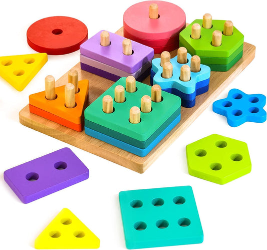 Wooden Sorting & Stacking Toys, Montessori Toys for 1 2 3 Years Old Toddlers, Shape Sorter Puzzles with 24-Piece Large Geometric Blocks & 12 Word Cards, Gift for 12+ Months Baby Boys Girls