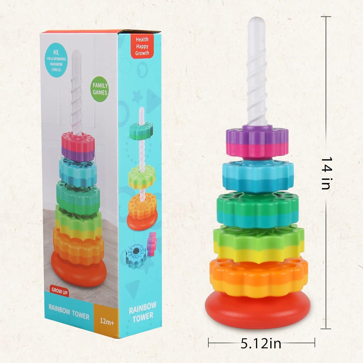 Baby Spinning Stacking Toys for Toddlers 1-3, Rainbow Ring Stacker Montessori Toys for Babies 6-12 Months, 1 2 3 One Year Old Girl Boy Christmas Birthday Gifts, Autism Sensory Learning Toy