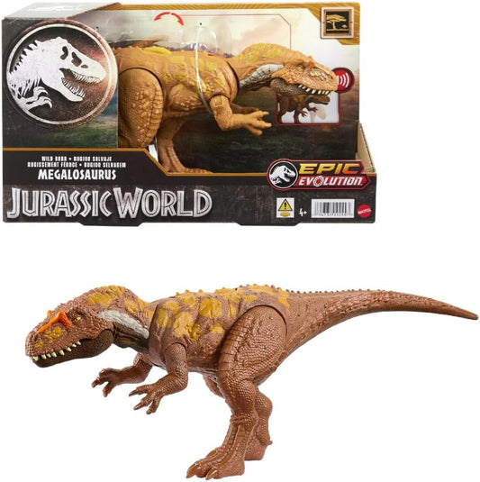 Mattel Jurassic World - Figura de dinosaurio Megalosaurus Wild Roar con sonido de rugido continuo y acción de ataque