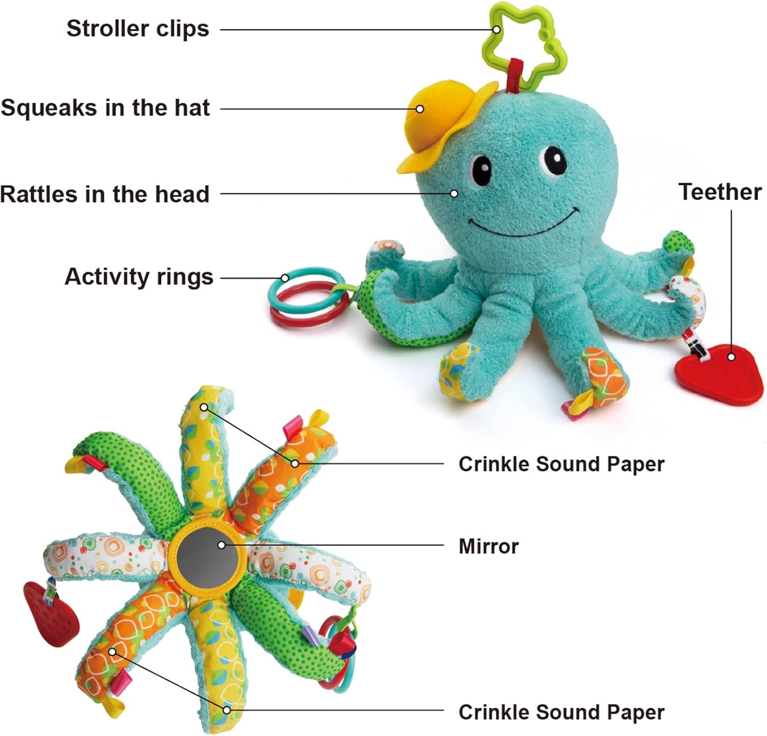 Infant Baby Girls Musical Stuffed Animal Activity Soft Toys with Multi-Sensory Crinkle, Mirror, Rattle and Textures for 0-3-6-12 Months Developmental Toys, Octopus,Blue