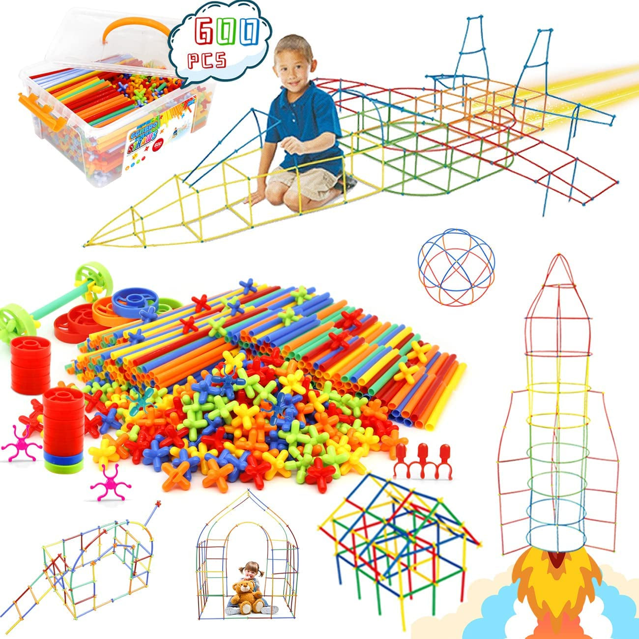 Straw Constructor Toys STEM Building Toys 600Pcs Straw Toy Interlocking Plastic Toys Engineering Toys Thin Tube Blocks Toy Educational Toy Kit for 3 4 5 6 7 8 Years Kids Toy for Boys and Girls