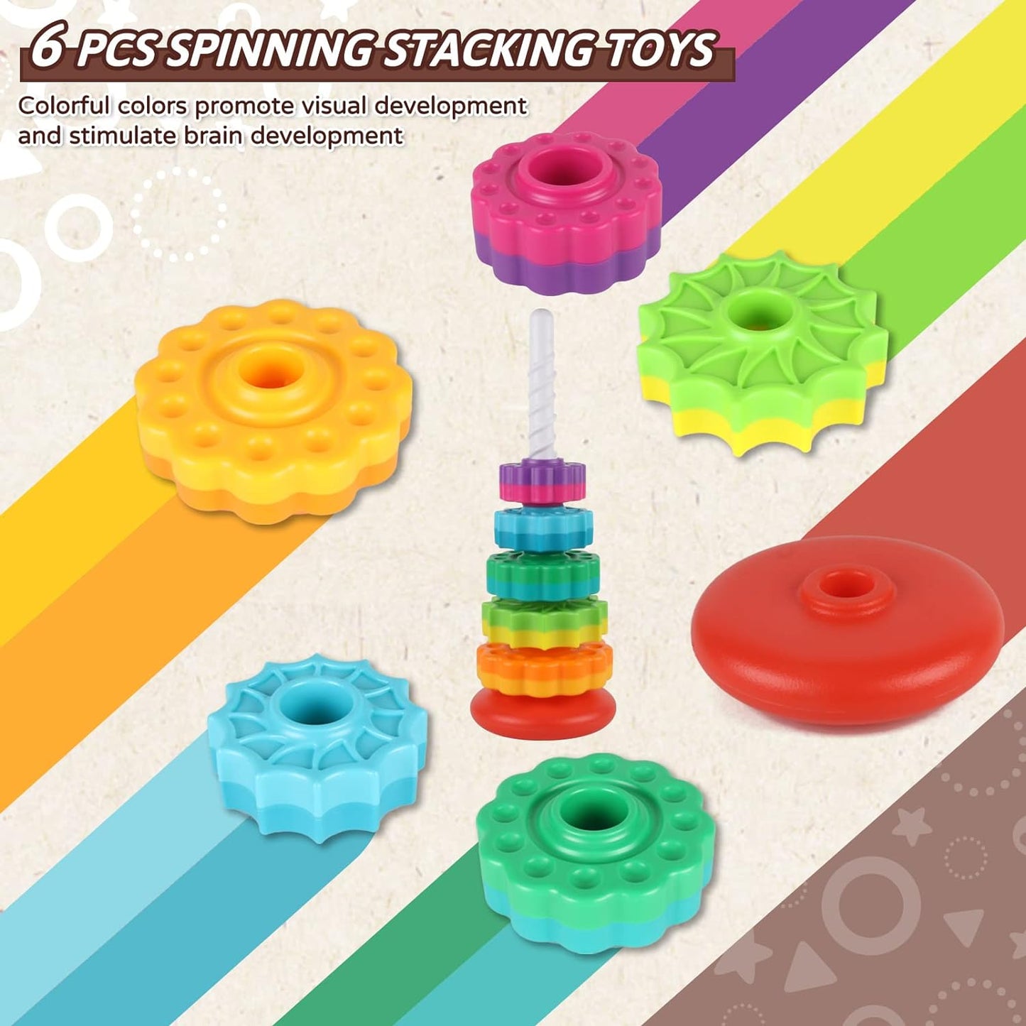 Baby Spinning Stacking Toys for Toddlers 1-3, Rainbow Ring Stacker Montessori Toys for Babies 6-12 Months, 1 2 3 One Year Old Girl Boy Christmas Birthday Gifts, Autism Sensory Learning Toy