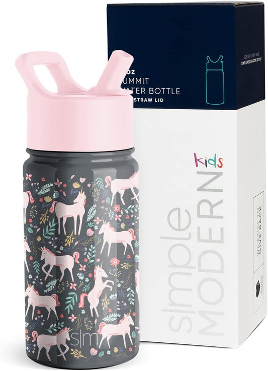 Simple Modern - Botella de agua infantil con tapa con pajilla, vaso térmico de acero inoxidable reutilizable para niños pequeños y niñas, colección Summit, 14 onzas