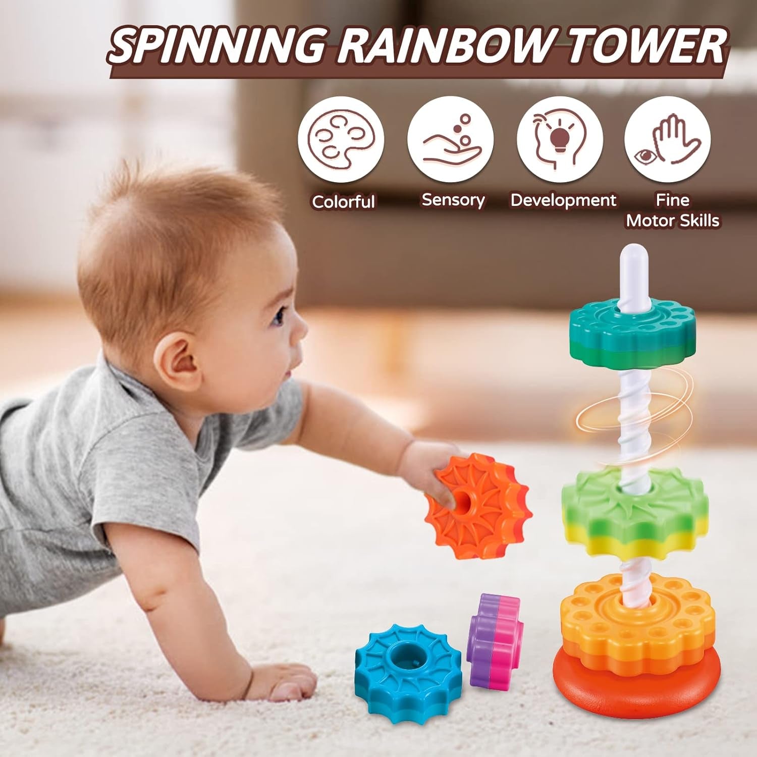 Baby Spinning Stacking Toys for Toddlers 1-3, Rainbow Ring Stacker Montessori Toys for Babies 6-12 Months, 1 2 3 One Year Old Girl Boy Christmas Birthday Gifts, Autism Sensory Learning Toy