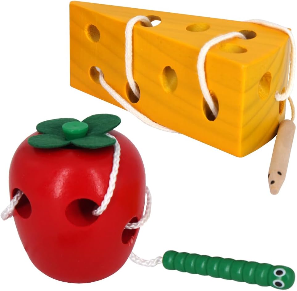 juguetes de madera con cordones, actividades Montessori